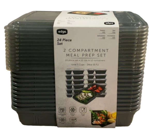 24 PC 2 Section Rectangle Meal Prep Set (12 trays and 12 lids) Charcoal Hot on Sale
