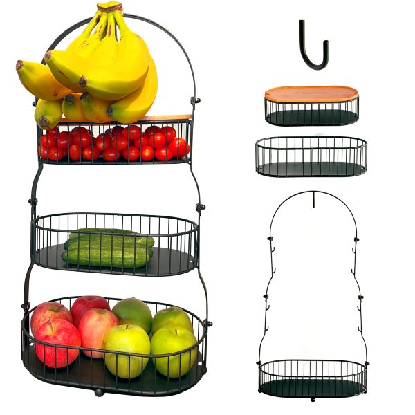 Ever Fresh Homes 3 Tier Countertop Fruit Holder with Removable Baskets, Banana Hook and Bamboo Lid Online Hot Sale