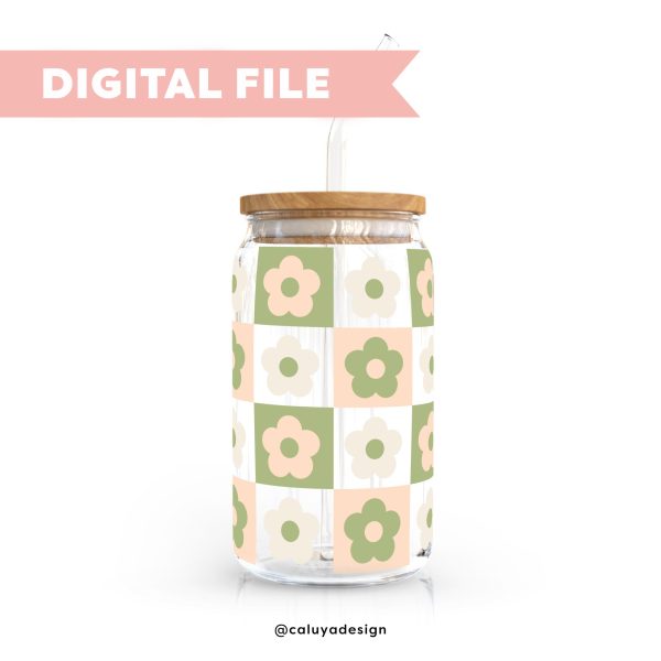 [ Digital File ] 16oz Libbey Can Wrap SVG | Retro Flower Checkered SVG For Sale - Image 2