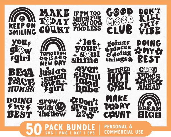 Happy Groovy SVG Bundle B&W Version | 50 Retro & Happy SVG Designs For Cheap