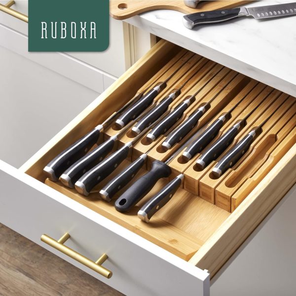 High-Grade 100% Bamboo Knife Drawer Organizer with 16 Knife Slots Plus a Sharpener Slot on Sale - Image 2
