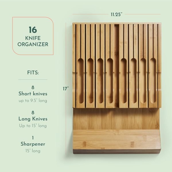 High-Grade 100% Bamboo Knife Drawer Organizer with 16 Knife Slots Plus a Sharpener Slot on Sale - Image 4