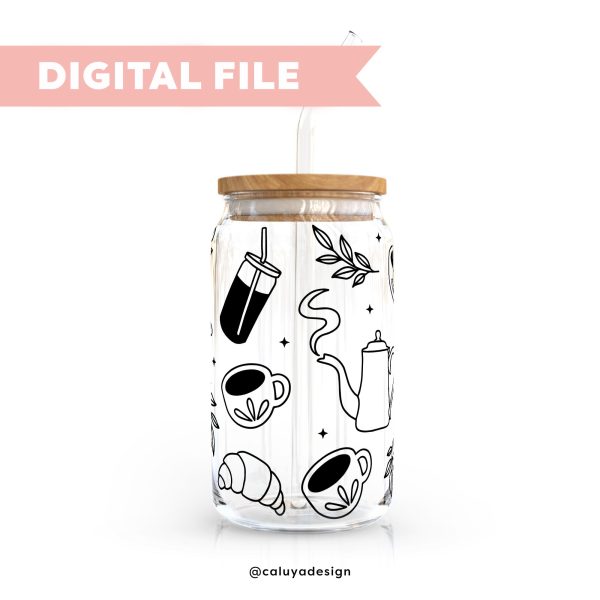 16oz Libbey Can Cup Wrap SVG | Coffee Time Outline SVG Online now - Image 2