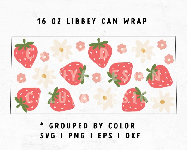 [ SVG Digital File] 16oz Libbey Can Cup Wrap | Cute Strawberry with Flowers For Sale - Image 2