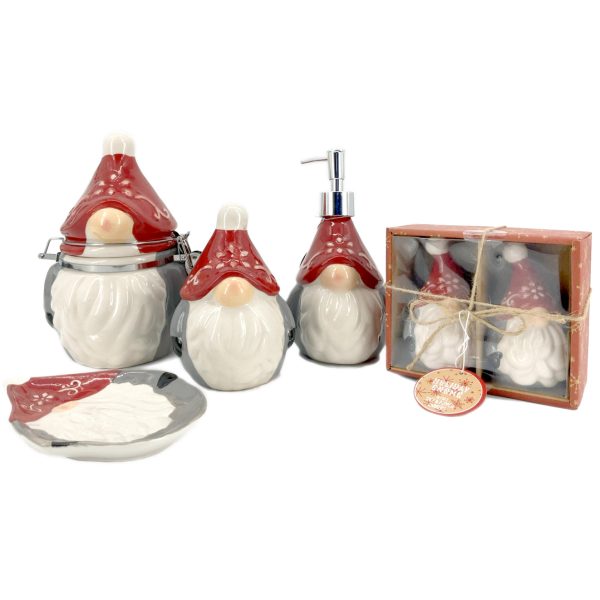 CHRISTMAS GNOME CERAMICS SET OF 5 Includes: Hinged Canister, Soap Pump, Scrubby Holder, Spoon Rest, And Set of 2 Salt and Pepper Shakers Discount