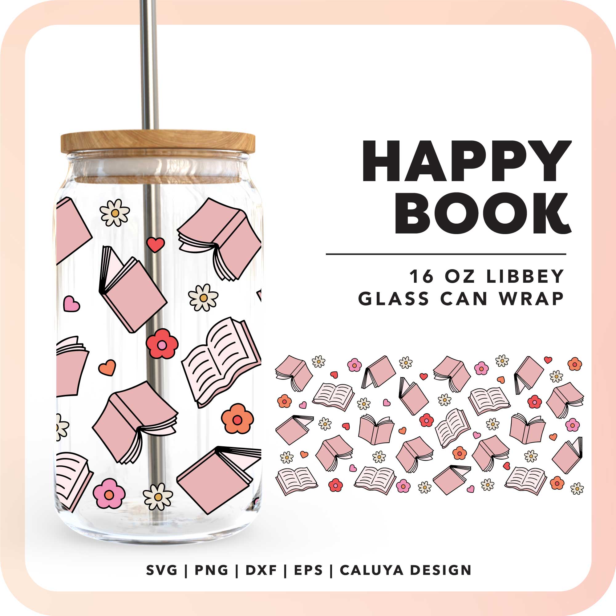 16oz Libbey Can Cup Wrap SVG | Happy Book SVG Online now