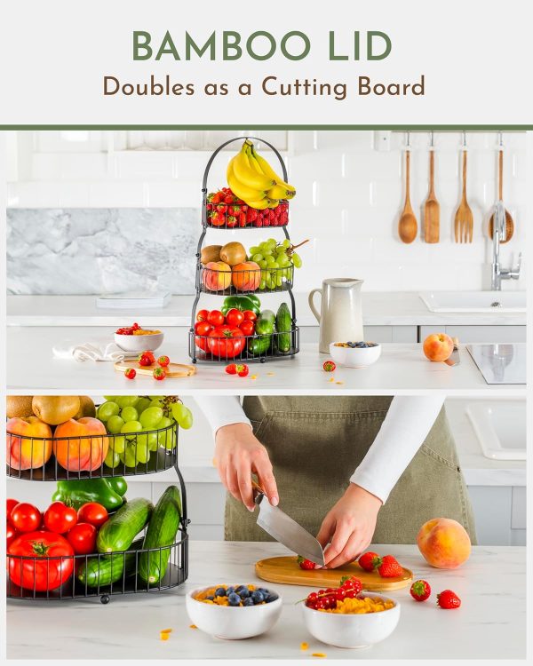 Ever Fresh Homes 3 Tier Countertop Fruit Holder with Removable Baskets, Banana Hook and Bamboo Lid Online Hot Sale - Image 5