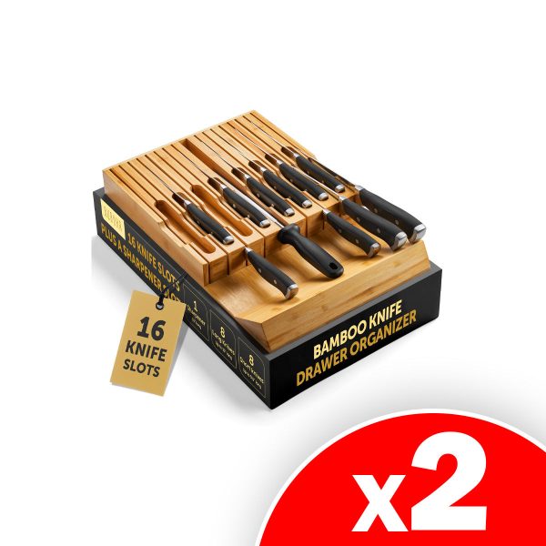 RUBOXA High-Grade 100% Bamboo Knife Drawer Organizer with 16 Knife Slots, 2 Pack Fashion