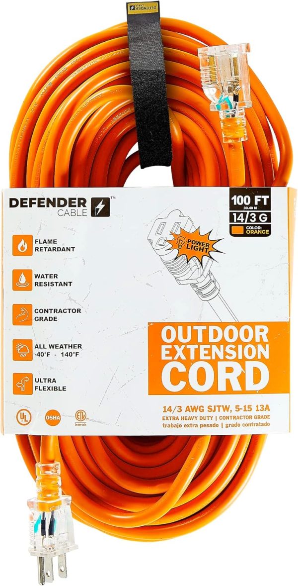 Defender Cable 14 3 Gauge, 100 ft SJTW Contractor Grade Extension Cord, with Lighted end,UL ETL Listed, All Purpose (OSHA Compliant) Online Hot Sale - Image 2