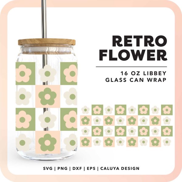 [ Digital File ] 16oz Libbey Can Wrap SVG | Retro Flower Checkered SVG For Sale
