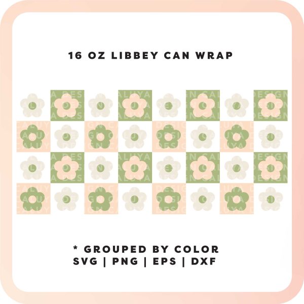 [ Digital File ] 16oz Libbey Can Wrap SVG | Retro Flower Checkered SVG For Sale - Image 3