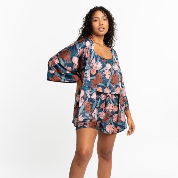 Gyal Bashy - Recycled Polyester Victoria Silky Printed Ruana - Navy Palms (Add-On) Sale